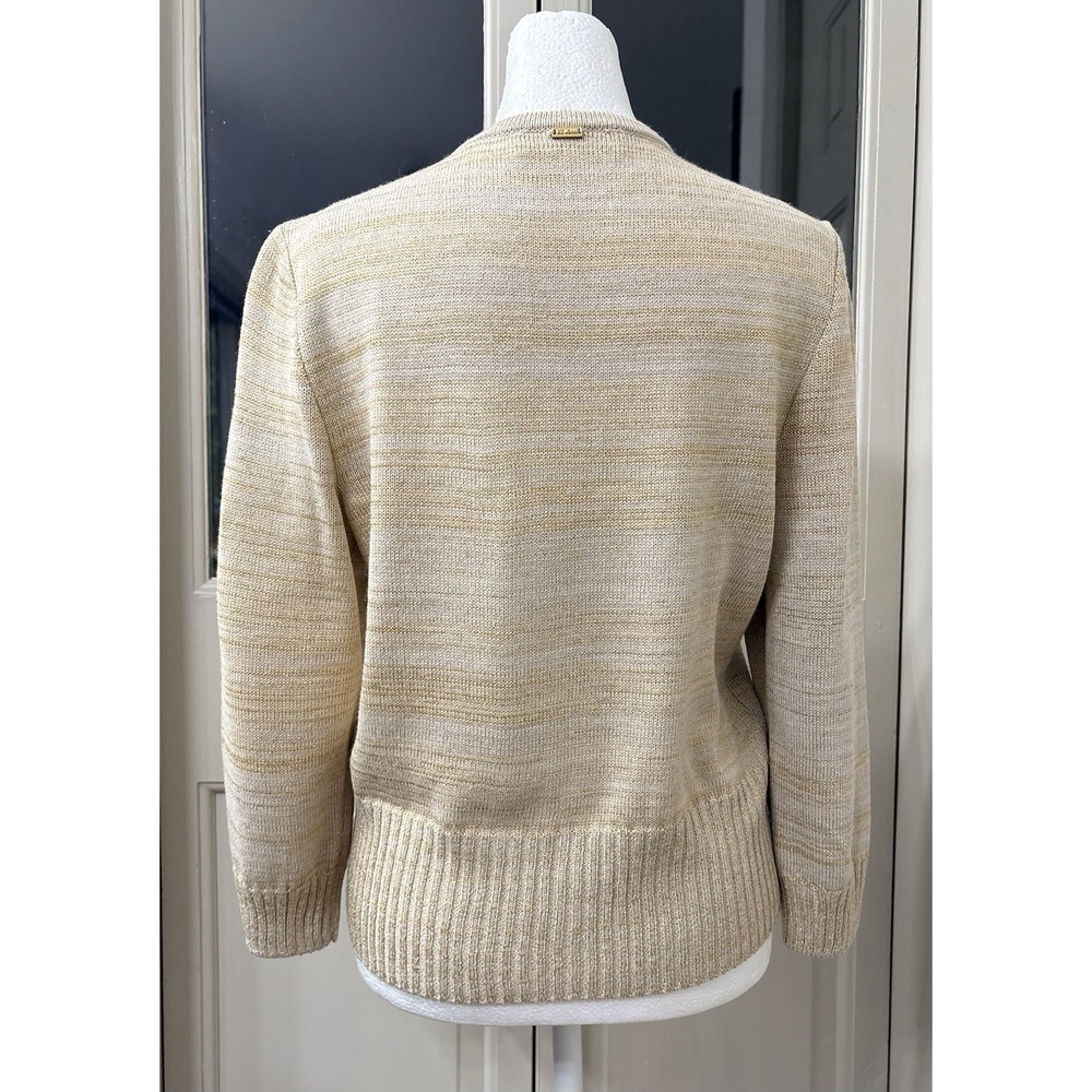 St. John Wool‎ Blend Metallic Gold Knit Cardigan Sweater Women's M Beige - Picture 4 of 10